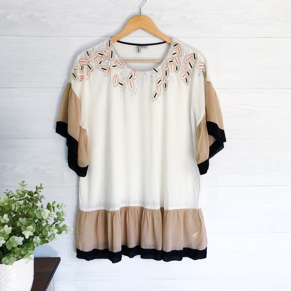 Anthropologie, White Tan Black Beaded Blouse 391